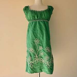 Max Studio Green Empire Waist Floral Embroidered Linen Rayon Mini Dress